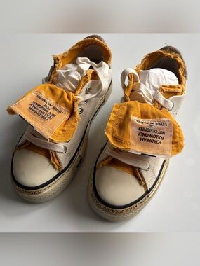 Casual White Sneakers with Mustard Accent for Women